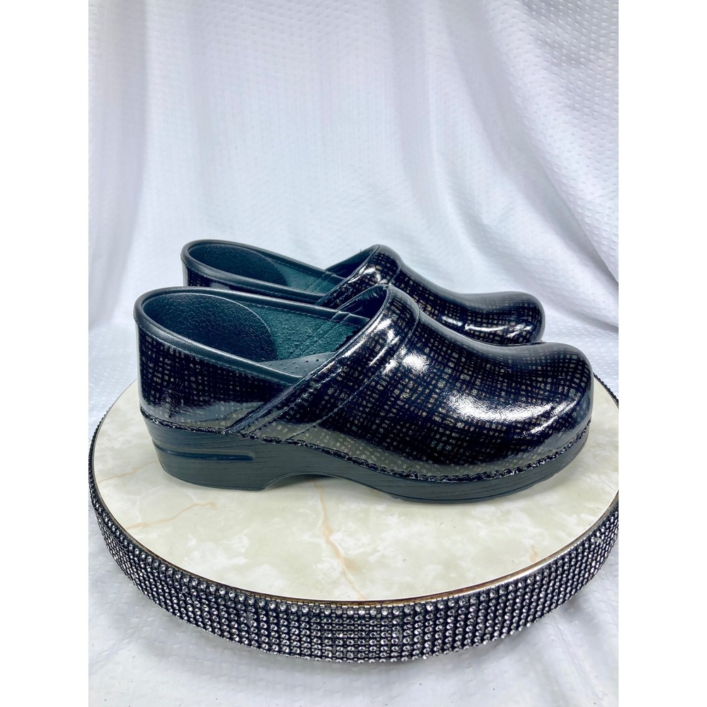 Dansko Professional Metallic Grid Leather Clogs Women 11-11.5 Black Slip On Shoe